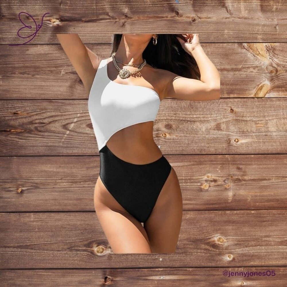 Cupshe Black & White One Shoulder Cut-Out One-Piece Swimsuit-NWT-Size XL